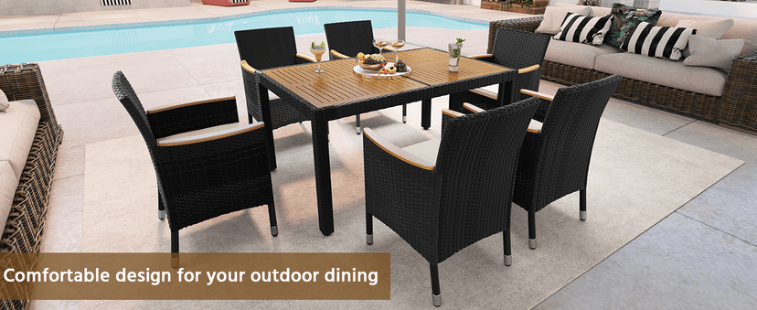 Yaheetech 7 Piece Patio Furniture Set, Outdoor Dining Acacia Wood Table Top Rattan Conversation Set with Soft Cushions, 6 Chairs & 1 Table for Backyard, Deck, Garden & Yard, Black/Beige