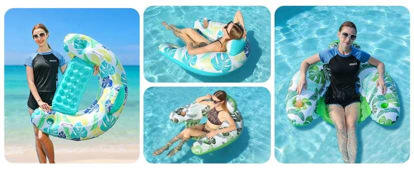 2 Pack Inflatable Pool Float Chair, Floating Pool Chair Adults Pool Lounger Float with Cup Holder & Handles Water Floats for Adults Lake Chair Floats for Swimming Pool River Beach Party