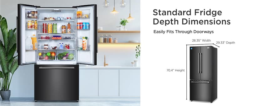 BLACK+DECKER 16 Cu. Ft. French Door Refrigerator with Built-in Ice Maker, Full Size Refrigerator with Bottom Mount Freezer Drawer, Frost Free, ENERGY STAR certified, BRF1600GIMB, Black