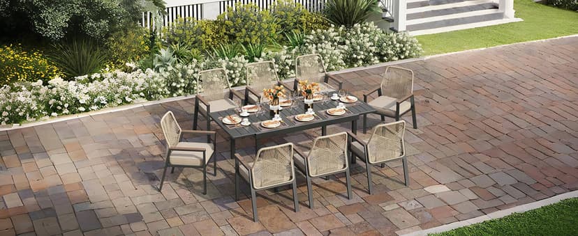 MIXPATIO 7 Pieces Round Outdoor Dining Set for 6, Patio Dining Set Wicker Rattan Chairs with Soft Cushion and 54" Round Table with Umbrella Hole, Round Patio Table and Chairs for Backyard Porch