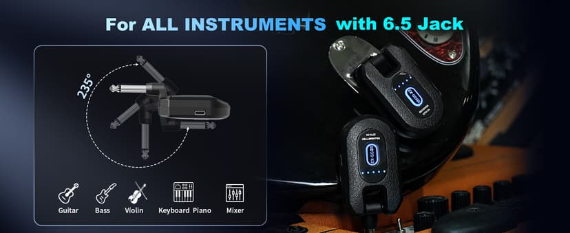 EX GEAR High-Grade Wireless Guitar System 2.4GHz Wireless Guitar Transmitter Receiver Rechargeable, 4 Signal Channel, 235° Rotating Plug, 50m Range for Bass Guitar Electric Instruments