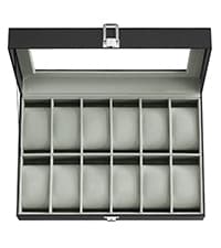 SONGMICS Watch Box, 12-Slot Watch Case Organizer with Large Glass Lid, 2 Layers, Removable Pillows, Metal Lock, Gift for Loved Ones, Black Synthetic Leather, Black Lining UJWB012B03