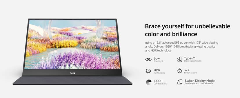 MNN Portable Monitor 15.6inch FHD 1080P USB C HDMI Gaming Ultra-Slim IPS Display w/Smart Cover & Speakers,HDR Plug&Play, External Monitor for Laptop PC Phone Mac (15.6'' 1080P)