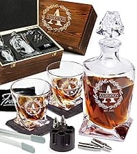 Personalized Whiskey Decanter and Stones Set - Customized Gift for Him - Men, Dad, Father - Engraved Twisted Decanter,2 Twisted Glasses, 2 XL Chilling Balls, Coasters, Tongs in Wooden Gift Box