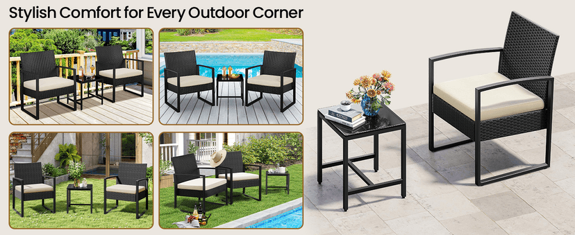 Yaheetech 3 Pieces Rattan Bistro Set, Outdoor Wicker Patio Modern Conversation Furniture, 2 Chairs & Tempered Glass Coffee Table for Garden, Balcony, Backyard, Poolside, Black/Beige