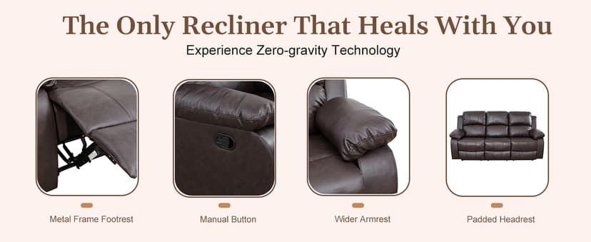 Saxum Tegmen Living Room Furniture Sets, Leather Recliner Sofa, Sectional Sofa Set with Convertible Table & Cup Holders, 3 Pieces Furniture for Living Room/RV/Office (3 Pieces Set, Brown Leather)