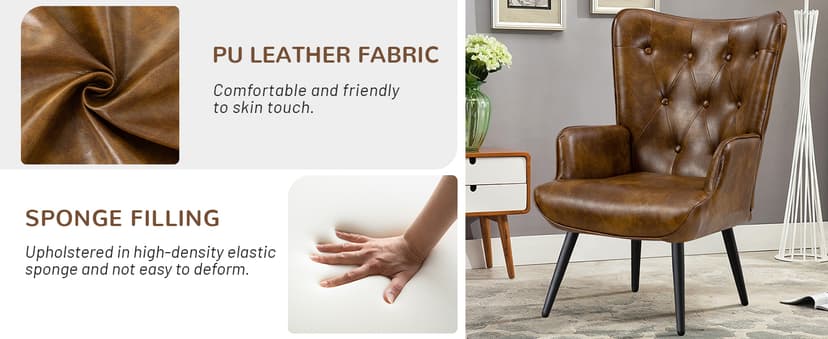 Furniliving PU Leather Accent Chair for Living Room, Upholstered Reading Chair with High Backrest, Tufted-Button Wingback Armchair for Bedroom, Dressing Room, Home Office, Brown