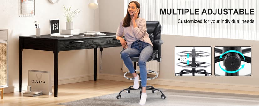 Drafting Chair, Tall Office Chair with Adjustable Armrests Mid-Back Standing Desk Chair with Footrest Ring, PU Leather High Executive Desk Chair Counter Height Office Chair for Home and Office, Black