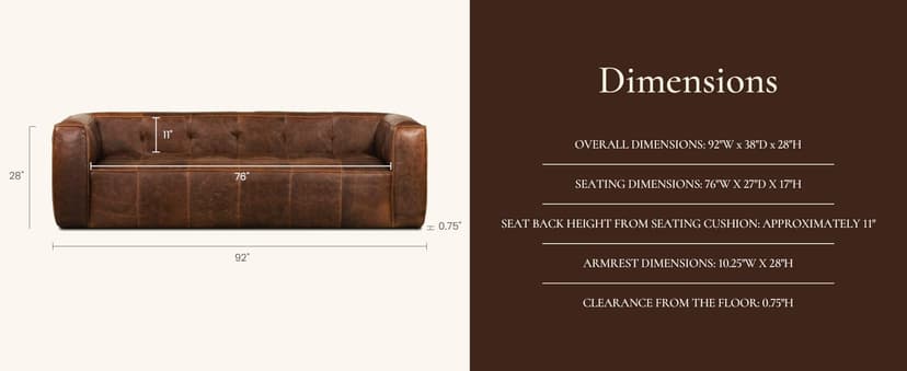 POLY & BARK Capa 96.5" Sofa – Chocolate Brown Full-Grain Pure-Aniline Italian Leather, Boxy Modern Design, Feather-Fiber Cushions, Solid Wood Frame