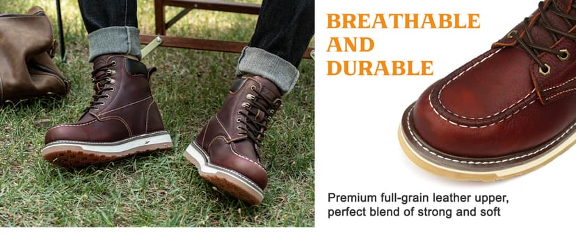 SAFETY LOONG Moc Toe Work Boots for Men Waterproof Soft/Steel Toe Comfortable Full Grain Leather Non Slip Wedge Outsole Construction 6" Workboots