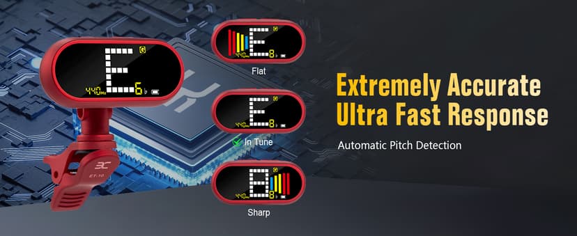 EX Professional Rechargeable Chromatic Clip-On Guitar Tuner — Fast, Ultra-Accurate Clip-On Tuner with Color LCD for Acoustic Guitar, Bass Guitar, Ukulele & Violin, Red