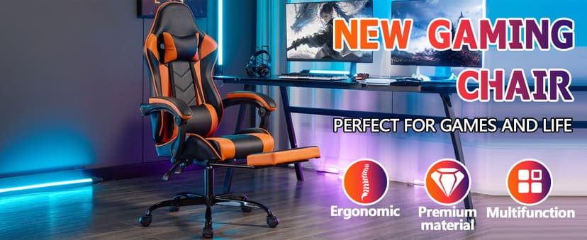 Gaming Desk Chair for Adults, Ergonomic Gaming Chair with Footrest & Headrest and Lumbar Support, Leather Material Height Adjustable Computer Video Game Chairs (Blue+White)