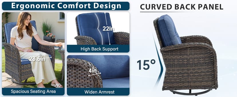 2 in 1 Porch Glider Swivel Chair - Wicker Patio Furniture Outdoor Swivel Rocker Chair with Thick Cushion, 300 Lb Weight Capacity Patio Swivel Glider Seating - Brown Wicker, Blue Cushion