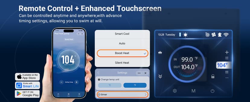 Inverter Electric Pool Heater for Inground Pool 120000 BTU Swimming Pool Heat Pump Above Ground Pool Heater 220V 33000 Gallon Heating or Cooling WiFi Control Schedule