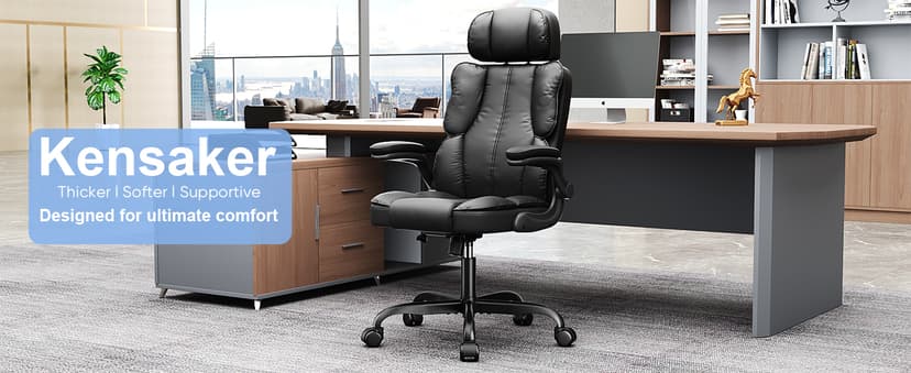Kensaker Executive Leather Office Chair, Computer Chair with Thick Cushion & Lumbar Support, Ergonomic Desk Chair with Adjustable Headrest & Armrests,Black