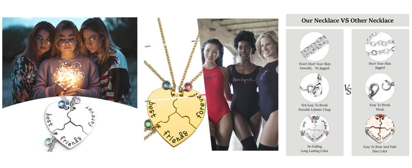 Top Plaza Best Friends Forever and Ever Necklaces for 3 BFF Heart Puzzle Matching Alloy Pendant Necklaces Set Friendship Jewelry for Sisters