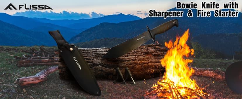 FLISSA Survival Hunting Knife with Sheath, 15-inch Full Tang Fixed Blade Tactical Bowie Knife with Sharpener & Fire Starter for Camping, Outdoor, Bushcraft