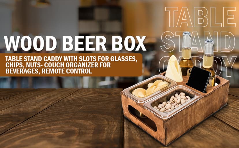 Wood Beer Box - Gift for Beer Lovers, Dad, Man, Him, Boyfriend- Drink Box Snacks Tray- Table Stand Caddy with slots for glasses, chips, nuts- Couch Organizer for Beverages, Remote Control, Phone stand