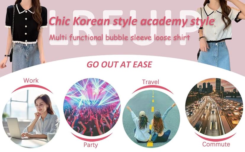 LREUIP Chic Korean Style Academy Style, Contrasting Navy Collar, Versatile Bubble Sleeve Shirt, Loose top, Elegant Goddess