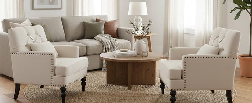 HUIMO Tufted Club Chair,Accent Chair with Lumbar Pillow, Upholstered Button Armchair, Linen Fabric Sofa Chairs for Bedroom, Living Room, Mid Century Modern with Studded Reading Chair Beige