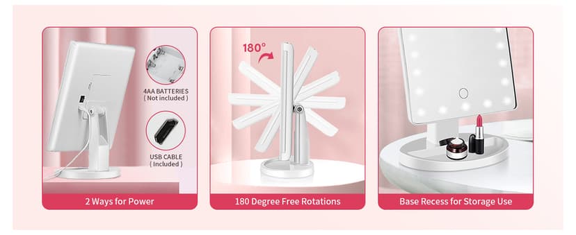 KOOKIN Lighted Vanity Makeup Mirror 16 Led Lights 180 Degree Rotation Lighted Mirror Touch Screen Adjusted Brightness Desk Mirrors USB Dual Supply Bathroom Beauty Cosmetic Mirrors (White)