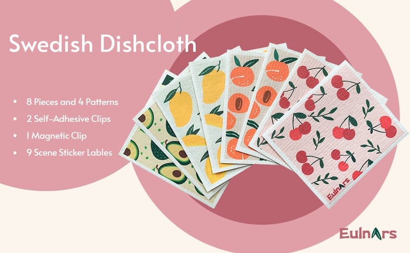 Swedish Dishcloths for Kitchen, 8 Pack Reusable Paper Towels with Clips, Non-Scratch Swedish Kitchen Towels, Super Absorbent Cellulose Sponge Cloths, Dishwasher Safe, No Odor