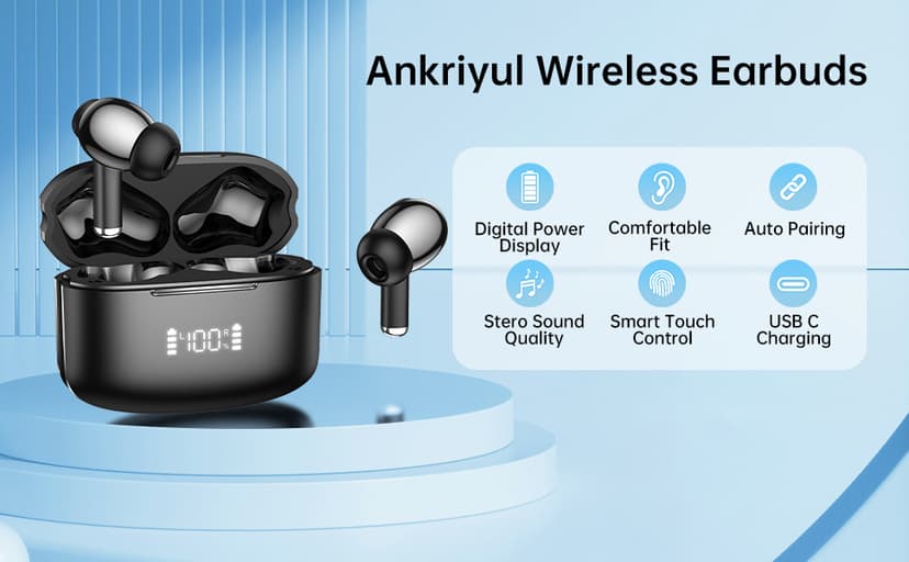 Ankriyul Wireless Earbuds, True Wireless Bluetooth Headphones with Deep Bass Stereo, Ear Buds with LED Power Display, in-Ear Earphones with Mic for iPhone/Android/iPad, Black