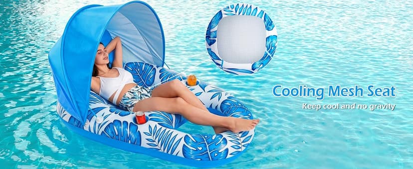 Jasonwell Pool Float with Canopy - Inflatable Pool Floaties Adult Lounger Floats Raft Floating Chair with Cup Holders for Swimming Pool Lake Water Lounge Float Beach Pool Party Toys for Adults
