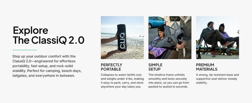 CLIQ ClassiQ 2.0 Camping Chair with Carry Bag - Portable Folding Chair & Bag for Outdoors - Reinforced 400 lb Capacity - Quick-Setup Travel Chair for Camping, Beach & Hiking - Ultimate Grey