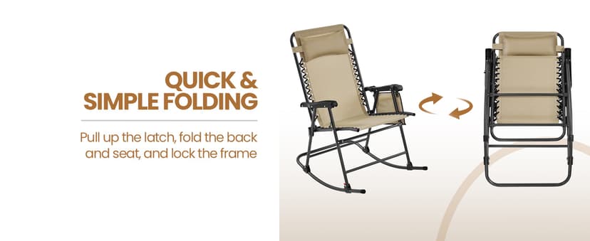 Yaheetech 26in Rocking Chair Outdoor Zero Gravity Folding Chairs Rocking Chairs Foldable Outdoor Reclining Lounge Chair for Outside Lawn with Cupholder/Pillow Ergonomic Design for Rest, Beige