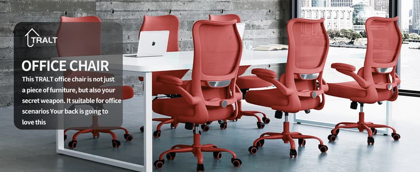TRALT Ergonomic Office Chair - Desk Chair with Wave High Back Adjustable Lumbar Support Computer Chair - Gaming Chairs Mesh Backrest and PU Leather Seat (RED)