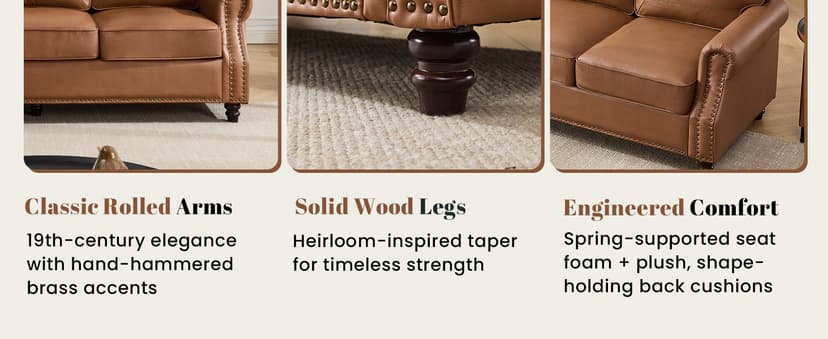 Kingfun Mid-Century Modern Couch, Faux Leather Sofa, 3 Seater Couch for Living Room with Rolled arms & Nailhead Trim, Brown