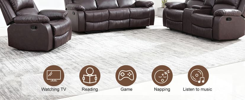 Saxum Tegmen Living Room Furniture Sets, Leather Recliner Sofa, Sectional Sofa Set with Convertible Table & Cup Holders, 3 Pieces Furniture for Living Room/RV/Office (3 Pieces Set, Brown Leather)