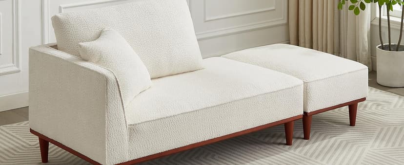 Upholstered Chaise Lounge Chair Indoor with Ottoman Boucle Chaise Lounge Fluffy Reading Chairs for Office Living Room Bedroom Relaxing (Boucle Biege)