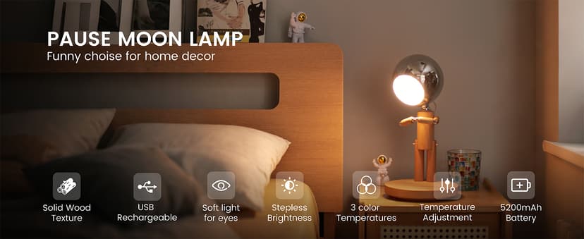 Pause Moon Lamp, Creative Wood LED Desk Lamp, Unique Decorative Lighting for Bedroom, Lamps for Night Stands, Rechargeable Cordless Lamp Office & Gift