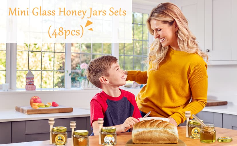 Aliggbent 48 Pack Mini Honey Jars Party Favors in Bulk, 1.5 oz Small Hexagon Glass Honey Jars with Dippers, Lids, Cute Stickers, Bee Charms, Gift Bags and Jute for Baby Showers, Weddings & Birthdays