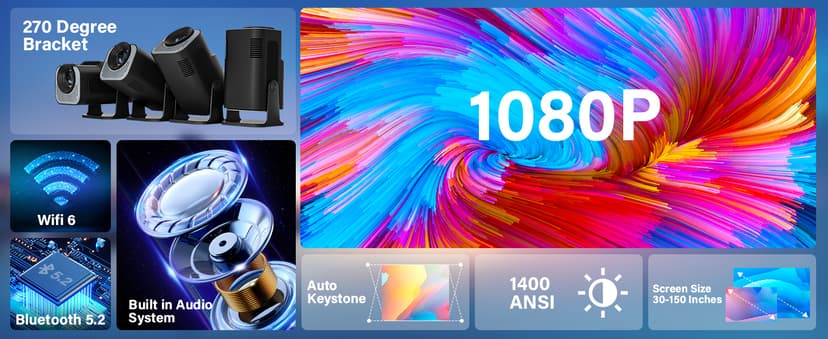 【Built-in Apps】Projector 1080P Full HD, 4K Projector with 270° Rotation,Portable Projector WiFi 6 & Bluetooth 5.2 Support,Featuring Auto Keystone Correction,HDMI/USB Connectivity Projector Black