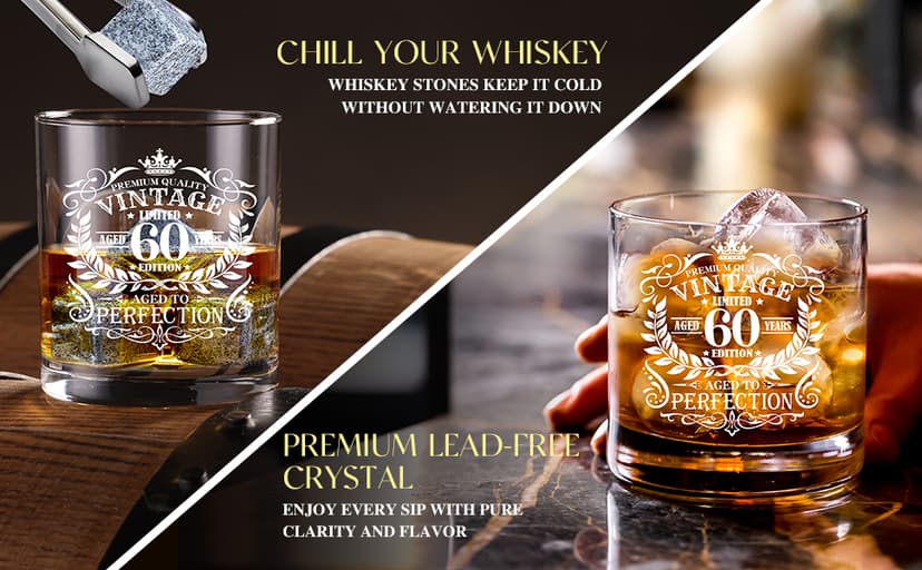 60th Birthday Gifts for Men Whiskey Glass Set, 60th Birthday Party Supplies with 11 Oz Whiskey Glass Coaster Stone Baseball Cap Apron Sock Funny Toilet Paper Keychain for Him, Dad, Husband, Friends