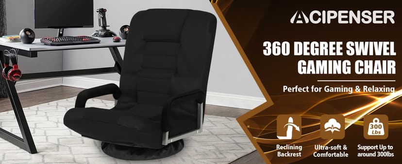 Swivel Gaming Chair Multipurpose Floor Gaming Chair for Playing Video Games, TV, Reading w/Armrest Lumbar Support & 6 Adjustable Postion Backrest for Adults, Black