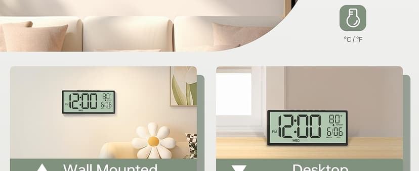 JALL 14.5" Large Digital Wall Clock Battery Operated with Big Digits LCD Screen Display, Day, Date, Alarm, Auto DST, Temperature for Living Room, Bedroom, Desk Decor, Mounted, Gift for Elderly