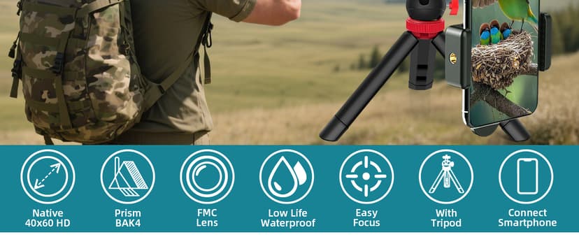 40X60 Monocular Telescope with Smartphone Holder& Tripod, High Power Nitrogen-Filled Monocular for Adults with BAK4 Prism & FMC Lens, HD Monocular Scope for Birdwatching Hiking Concert Travelling