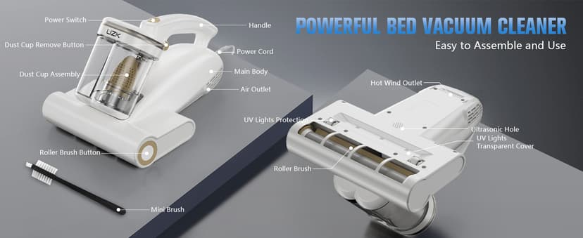 Bed Vacuum Cleaner Mattress Vacuum Cleaner,16Kpa Powerful Handheld Vacuums with UV-C Light & Double Dust Cup & High Heating & Ultrasonic & Anion for Bed Sofa