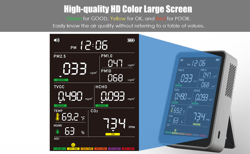 Professional Indoor Air Quality Monitor with AQI Alerts, Portable Real-Time Detector for Home, Car, Plants & Pet (Smog Gray)