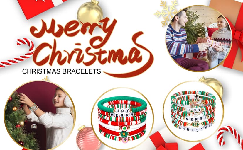 Artlunar 6 Pack Christmas Bracelets: Joy & Merry Candy-Style Stacks for Women & Teens - Perfect Christmas Gifts - Age 3 to Adult