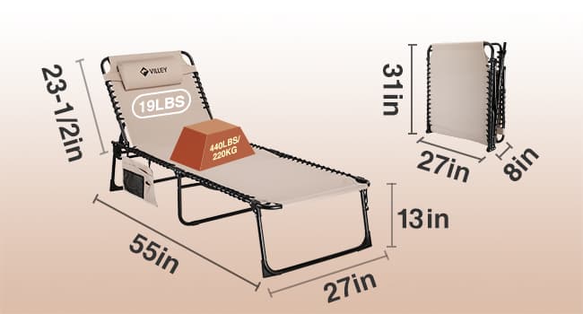 VILLEY Oversized Chaise Lounge Chair, Heavy-Duty Folding Outdoor Lounge Chair with 5 Adjustable Positions, Portable Trifold Beach Lounger for Patio, Beach, Lawn, Backyard, Camping – Beige