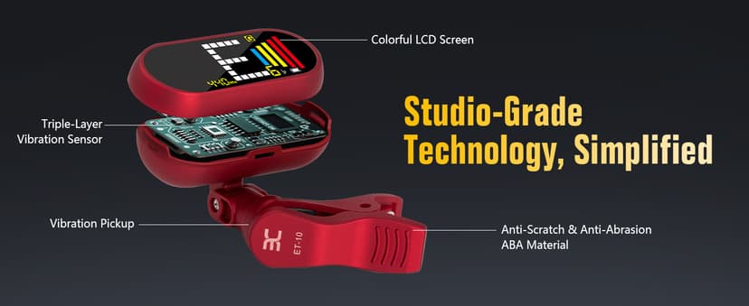 EX Professional Rechargeable Chromatic Clip-On Guitar Tuner — Fast, Ultra-Accurate Clip-On Tuner with Color LCD for Acoustic Guitar, Bass Guitar, Ukulele & Violin, Red