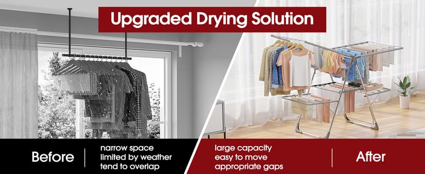 Sakugi Clothes Drying Rack, Foldable 2-Level Laundry Drying Rack with Height-Adjustable Wings, for Clothing & Bedding, Free-Standing Space-Saving Rack, Indoor & Outdoor, 55.5" L × 22.8" W, Gray