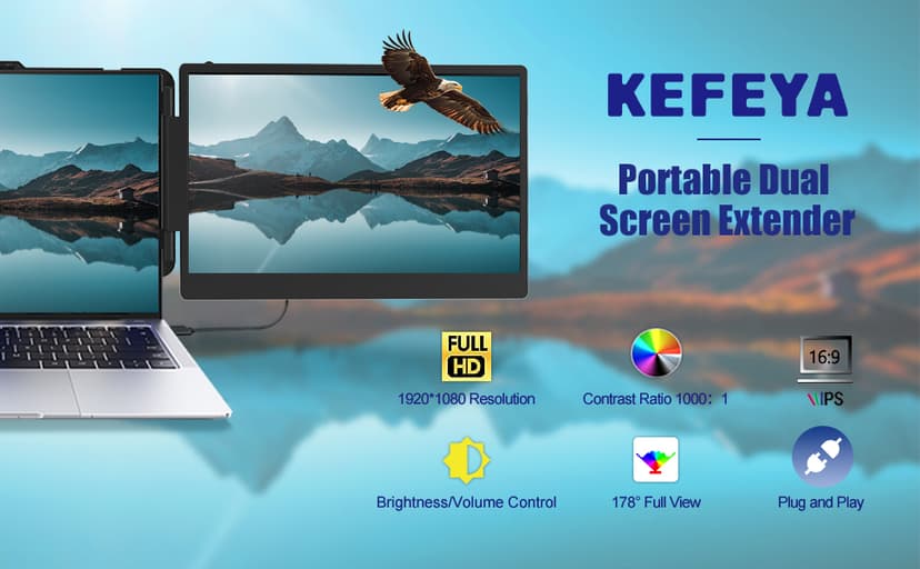 KEFEYA Laptop Screen Extender, 14" FHD 1080P IPS Laptop Monitor Extender Dual Screen, Portable Monitor for Laptops 13-17" with USB-C/HDMI Port, Plug n Play for Windows/Mac/Android/Switch/PS5