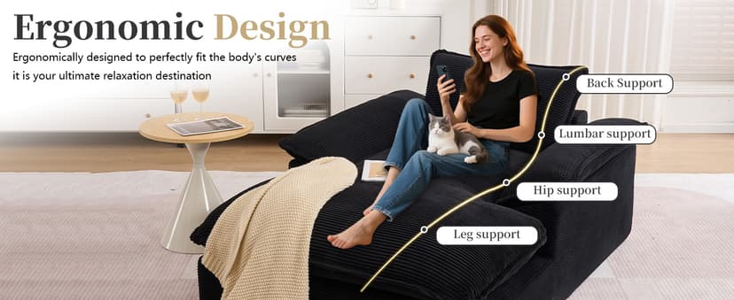 Oversized Chaise Lounge Chair Indoor, 67" Boneless Chaise Lounge with Extra Deep Seat, Comfy Corduroy Upholstered Sleeper Sofa Bed, Cozy Fluffy Single Sofa Armchair for Living Room, Black