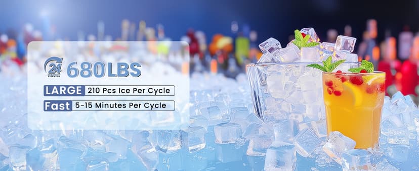 Commercial Ice Maker, 680Lbs/24H Industrial Ice Machine 580Lbs Large Storage Bin, 210 Ice Cubes in 5-15 Minutes, Auto-Cleaning Stainless Ice Maker, Ice Ready in 8-15mins, Cafe/Bar/Business